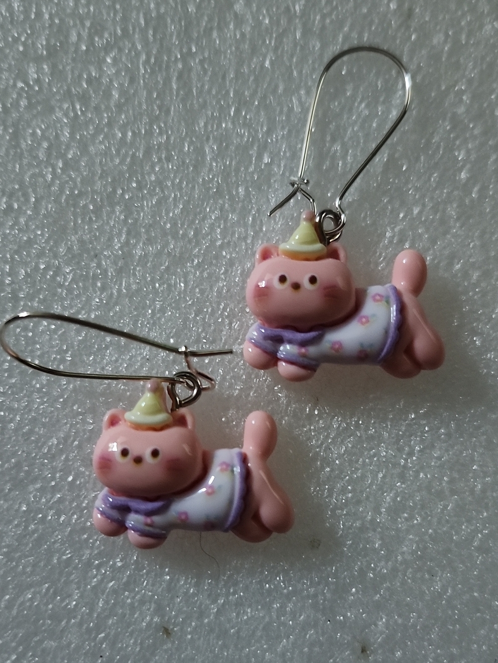Hand Crafted Pink Cat Party Hat Earrings with Purple Accents